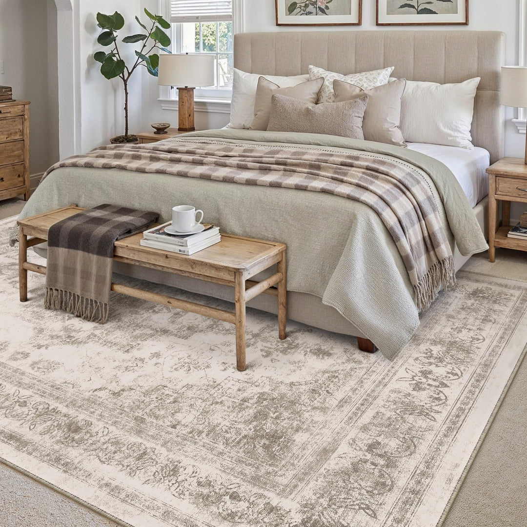 Vintage Teppich Wohnzimmer 240x300 cm waschbar Retro-Muster Beige - Bild 3