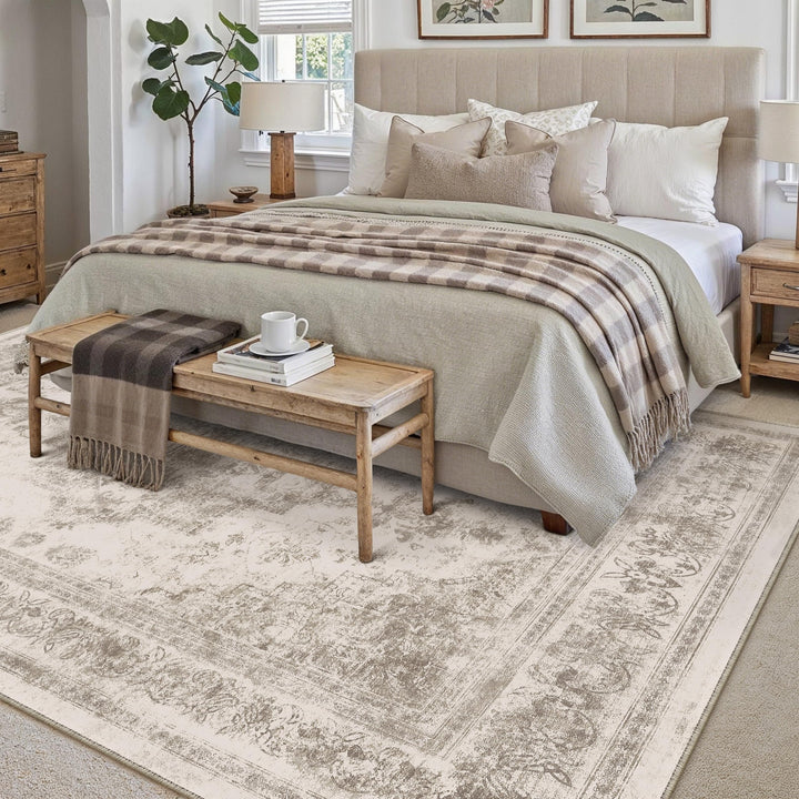 Vintage Teppich Wohnzimmer 240x300 cm waschbar Retro-Muster Beige - Bild 3