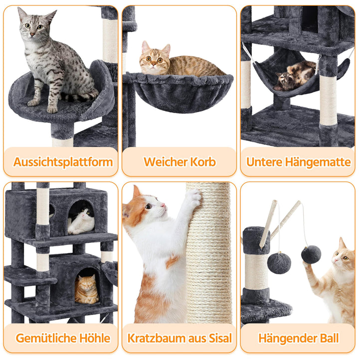 Kratzbaum 170cm mit 5 Ebenen, 7 Sisalsäulen und 2 Höhlen für Katzen - Bild 8