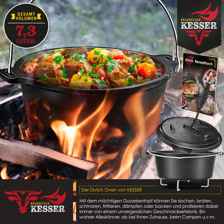 Dutch Oven Set Gusseisen 7,3 Liter mit 2-in-1 Deckel für Outdoor &amp; Indoor - Bild 3