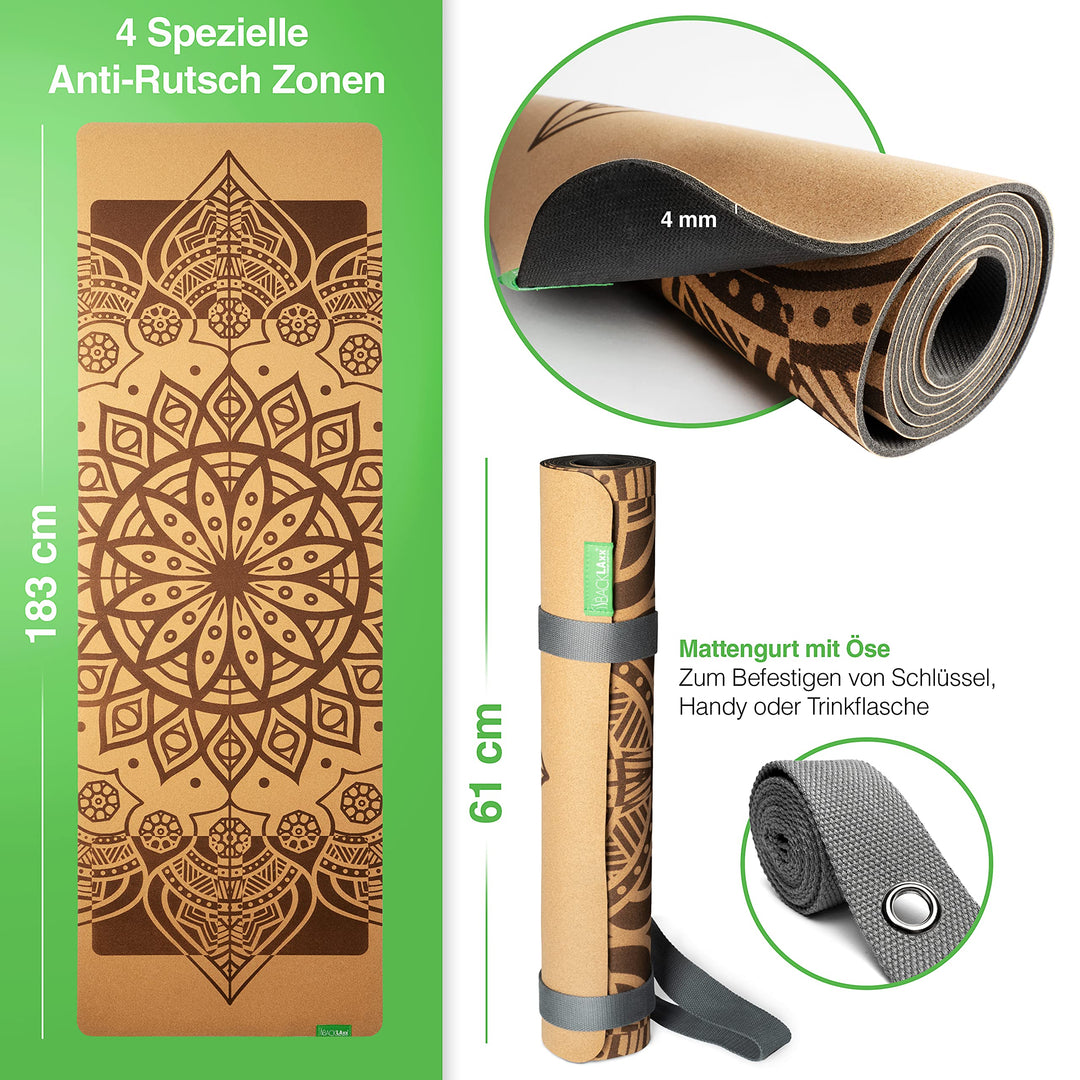 Yogamatte Kork Naturkautschuk 4 mm rutschfest für Yoga - Bild 3