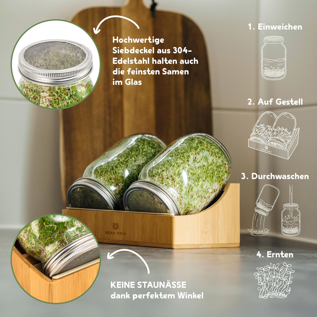 Keimglas Set 1000ml mit Bambushalterung für Sprossen, 2er Set - Bild 2