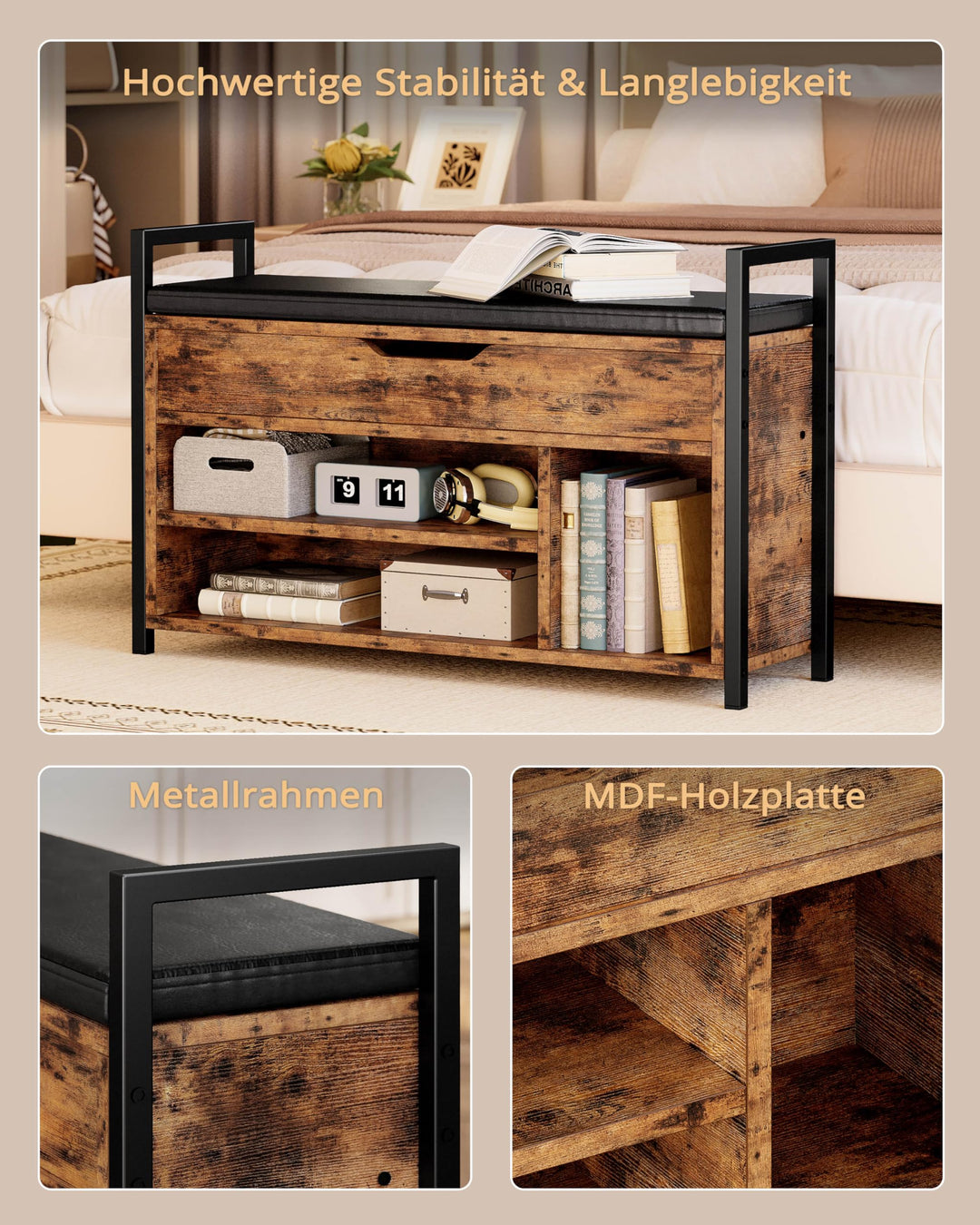 Schuhbank mit Stauraum Kunstleder 100x30x62cm 3 Fächer Flur - Bild 4
