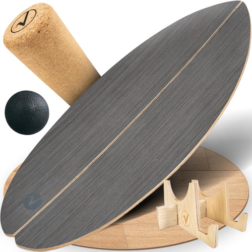 Balance Board Holz mit Korkrolle, Halterung und Trainingsball Stone Grey