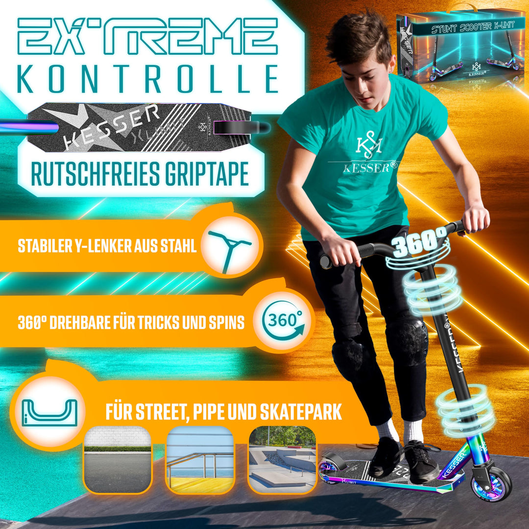 Stunt Scooter 360° Lenkung Aluminium 100mm PU-Räder ABEC 9 Rainbow - Bild 2