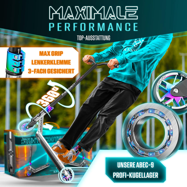 Stunt Scooter 360° Lenkung Aluminium 110mm PU-Räder ABEC-9 mit Ständer - Bild 7