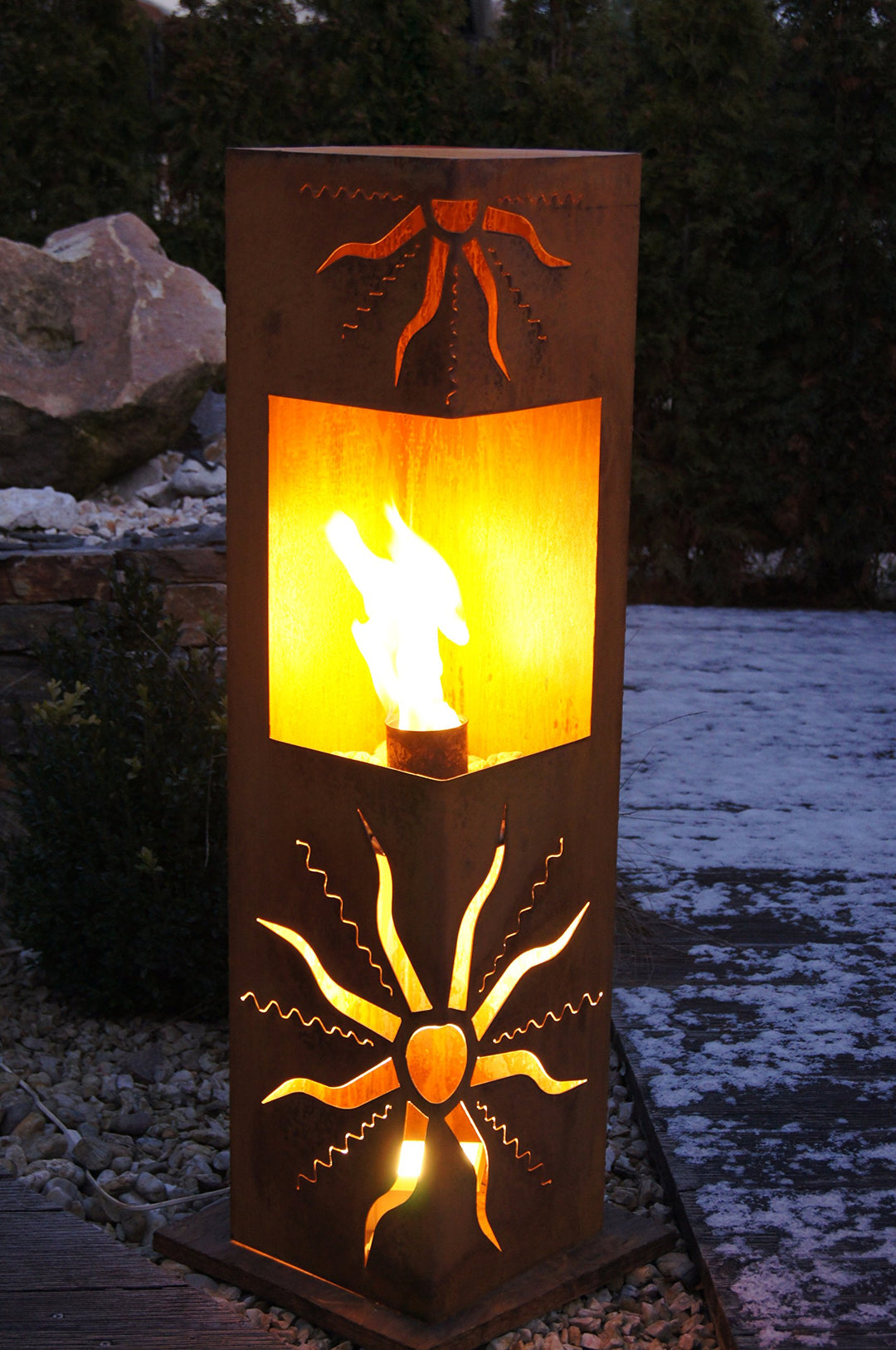 Feuersäule Sonne Edelrost 25x25x100 cm Garten Bioethanol - Bild 4