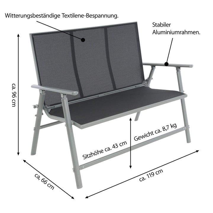 Gartenbank 2-Sitzer Aluminium Textilene Hellgrau 119x66x96 cm - Bild 8