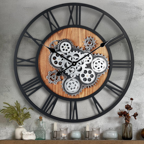 Wanduhr XXL Steampunk Holz mit beweglichen Zahnrädern 57 cm
