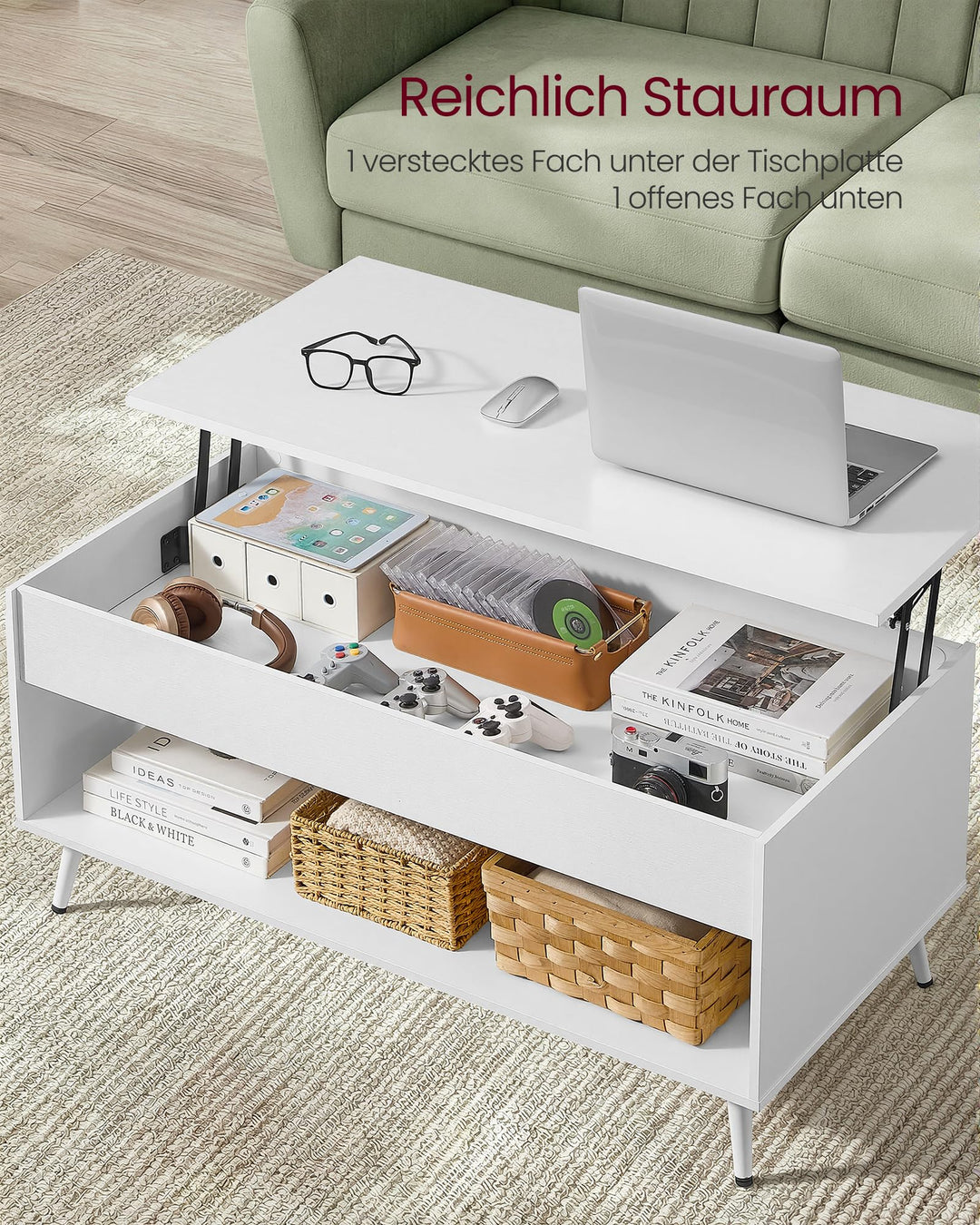 Couchtisch höhenverstellbar mit Stauraum 50x100 cm Weiss - Bild 4