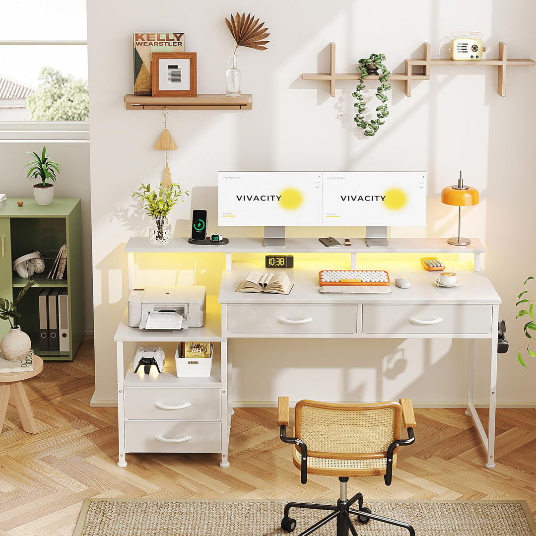 Schreibtisch mit Schubladen, LED, Steckdose &amp; Monitoraufsatz, Weiss