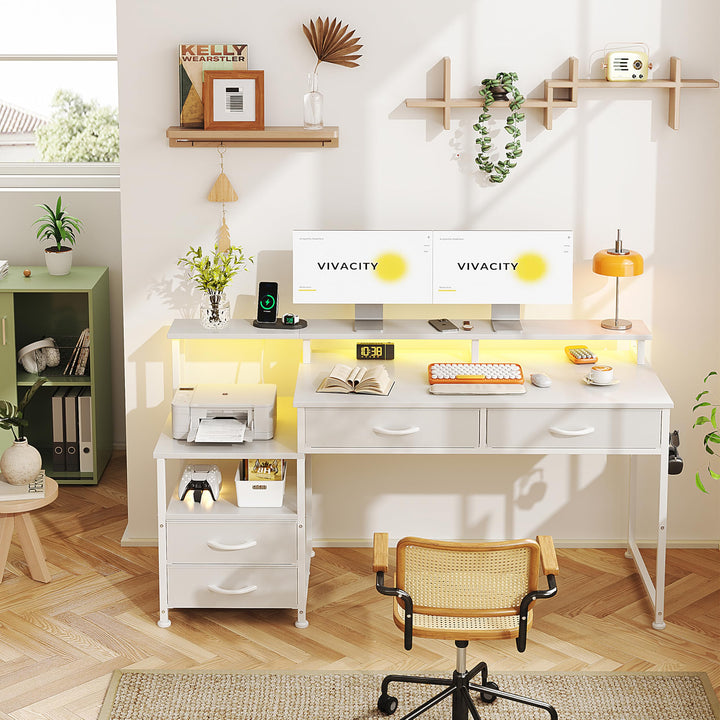 Schreibtisch mit Schubladen, LED, Steckdose &amp; Monitoraufsatz, Weiss