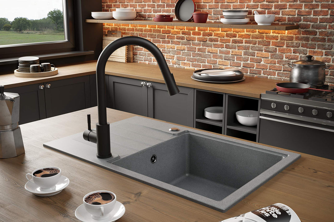 Einbauspüle Granit Schwarz 52x50 cm mit Armatur und Siphon - Bild 7