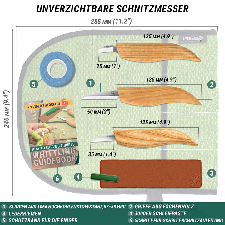 Holzschnitzset Anfänger 3-teilig mit Lederriemen und Poliermittel - Bild 5