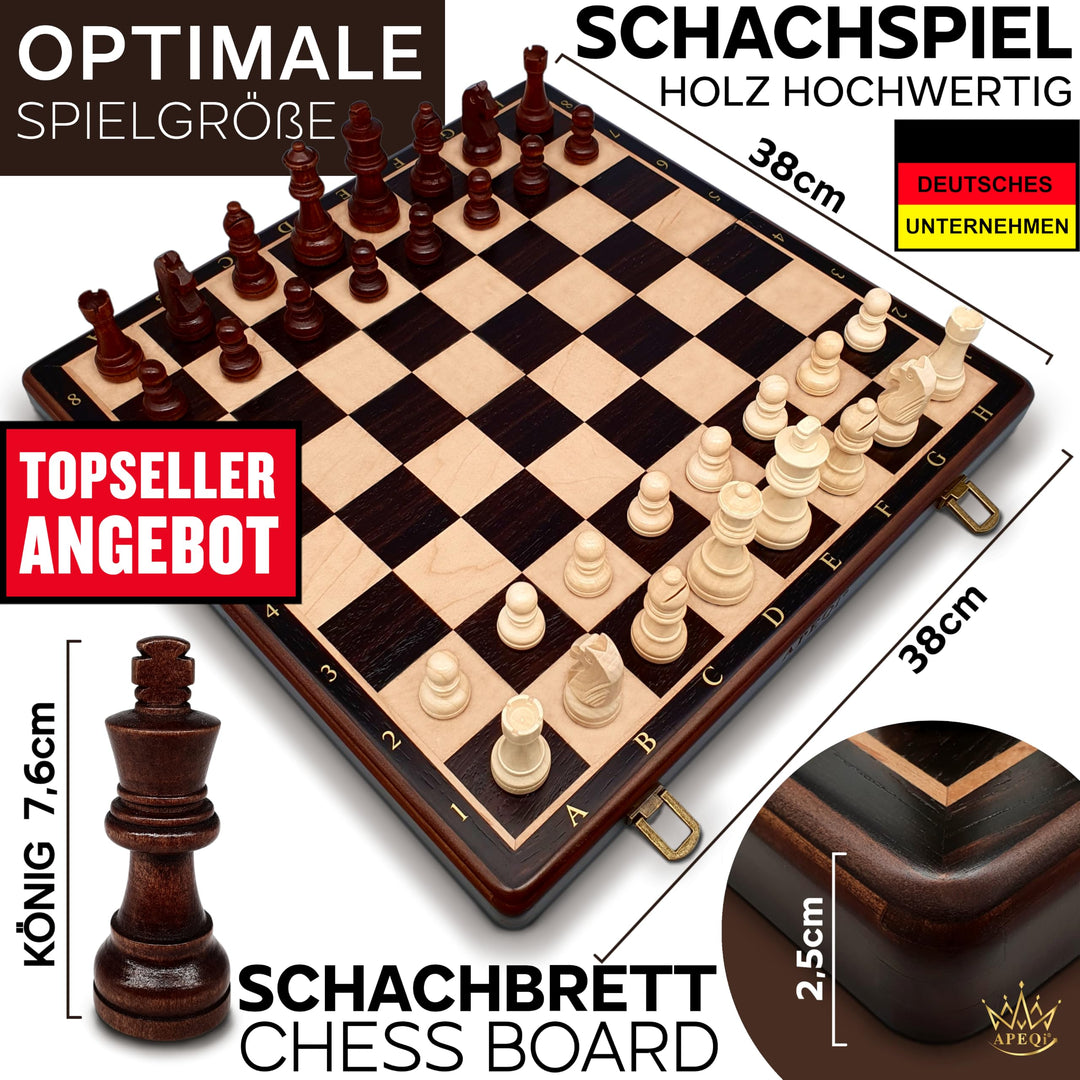 Schachspiel Massivholz 38x38cm mit Metallverschluss &amp; 2 Extra-Damen - Bild 2