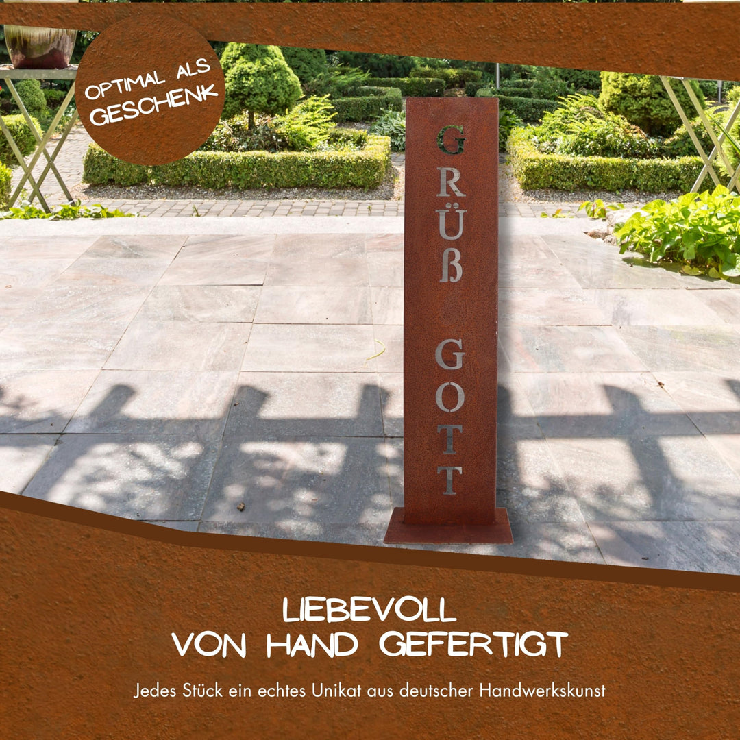 Cortenstahl Stele Grüss Gott 71 cm mit Bodenplatte Haustür Deko - Bild 4