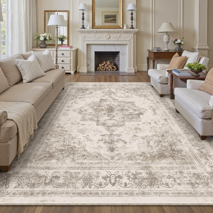 Vintage Teppich Wohnzimmer 240x300 cm waschbar Retro-Muster Beige