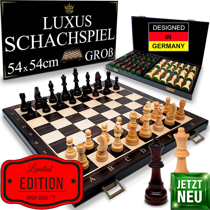Schachspiel Holz Deluxe klappbar 54x54cm mit 32 Figuren