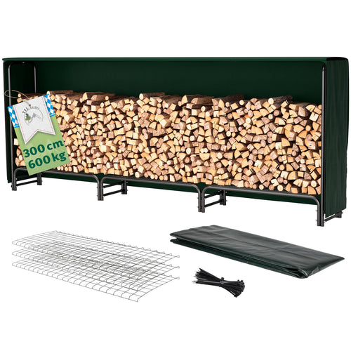 Kaminholzregal 300x116x36cm Stahl schwarz mit Abdeckplane bis 600kg