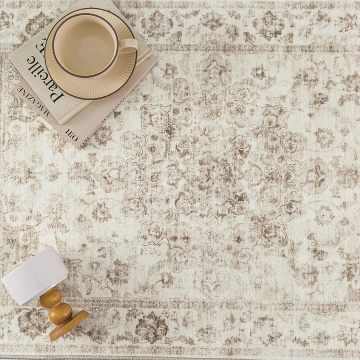 Teppich Vintage 200x300cm Beige Polyester waschbar Wohnzimmer
