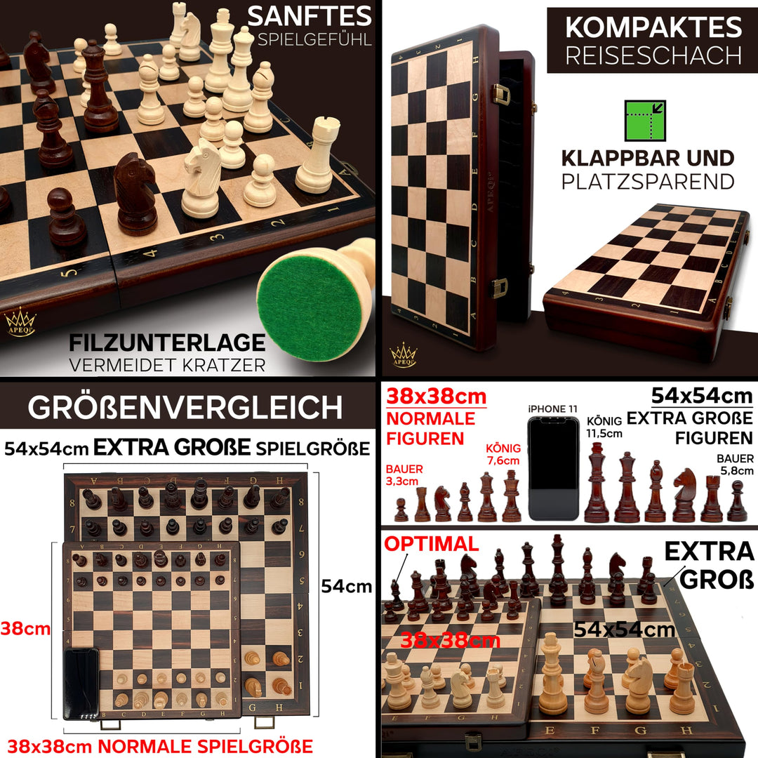 Schachspiel Massivholz 38x38cm mit Metallverschluss &amp; 2 Extra-Damen - Bild 6