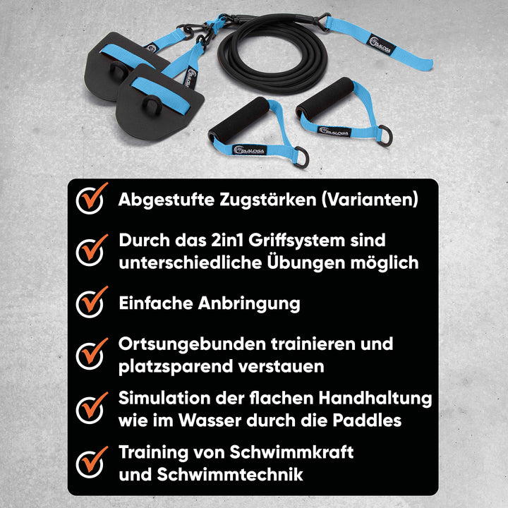 Schwimm-Zugseil 2-in-1 mit Handpaddles und Griffen für Schwimmtraining - Bild 3