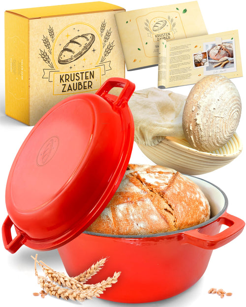 Brotbackset Gusseisen emailliert mit Gärkörbchen Rattan 26 cm