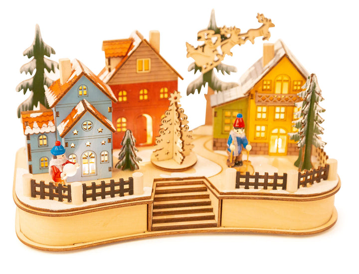 Weihnachtsdorf Holz mit Beleuchtung &amp; drehendem Tannenbaum 30x16x17cm - Bild 2