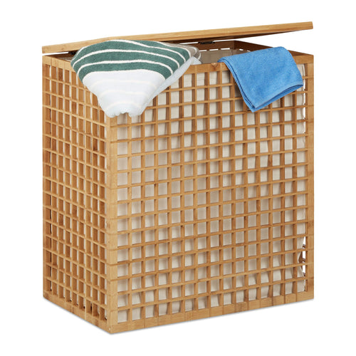 Wäschekorb Bambus 2 Fächer mit Wäschesack 62x56x35 cm