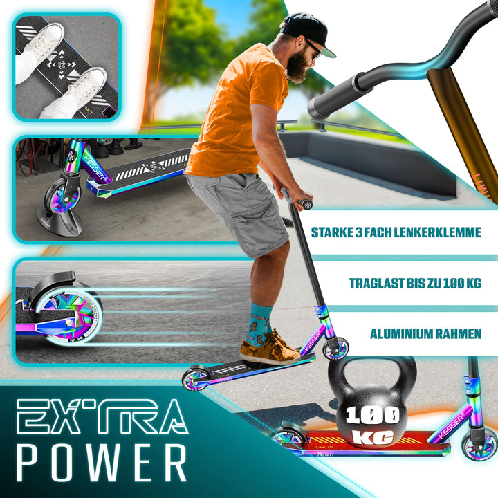 Stunt Scooter 360° Lenkung Aluminium 110mm PU-Räder ABEC 9 mit Ständer - Bild 5