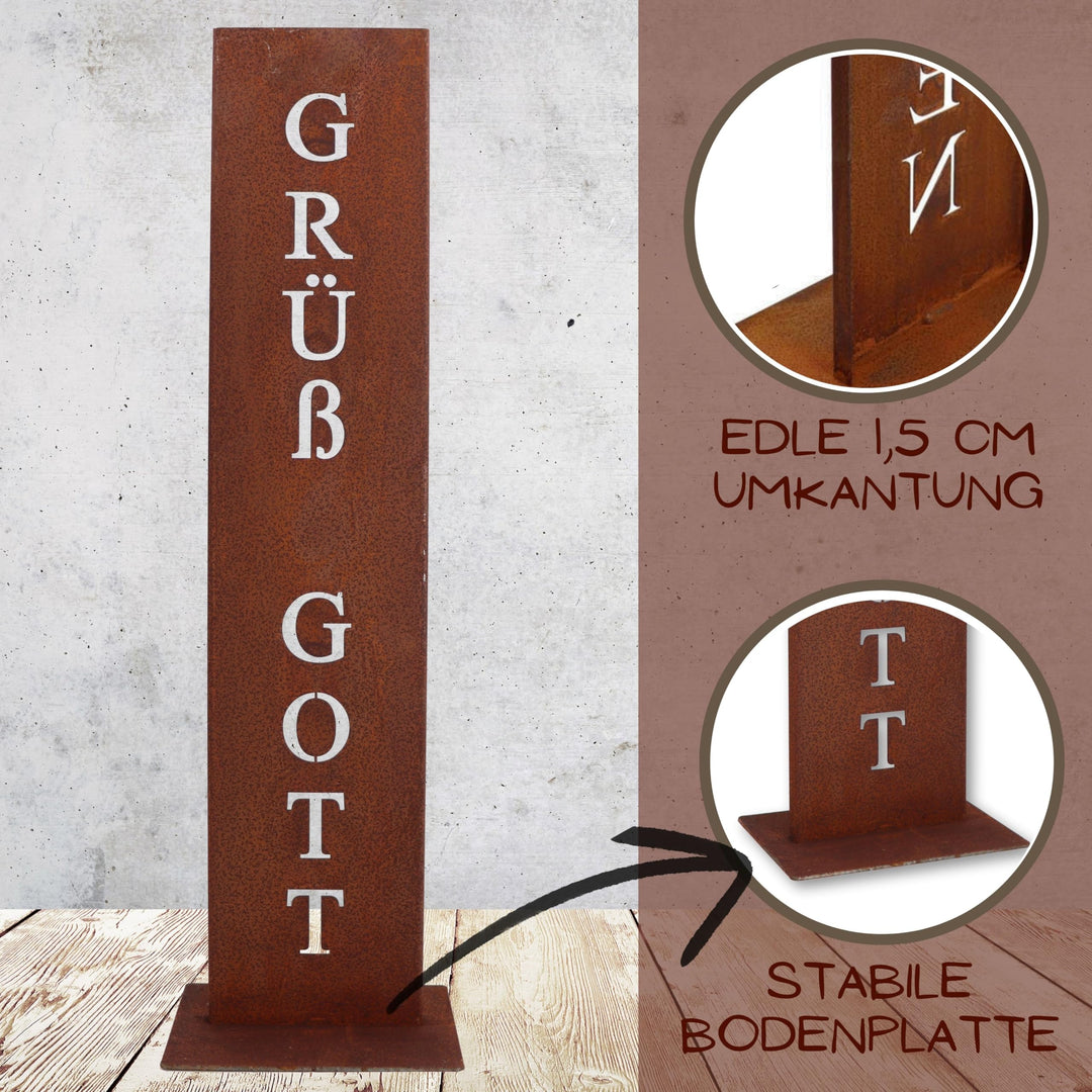 Cortenstahl Stele Grüss Gott 71 cm mit Bodenplatte Haustür Deko - Bild 6
