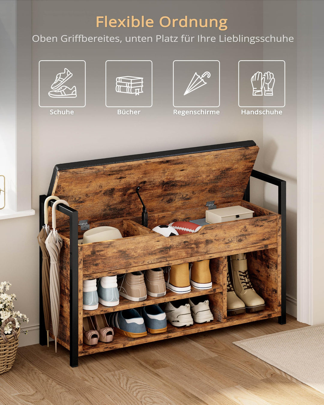 Schuhbank mit Stauraum Kunstleder 100x30x62cm 3 Fächer Flur - Bild 2