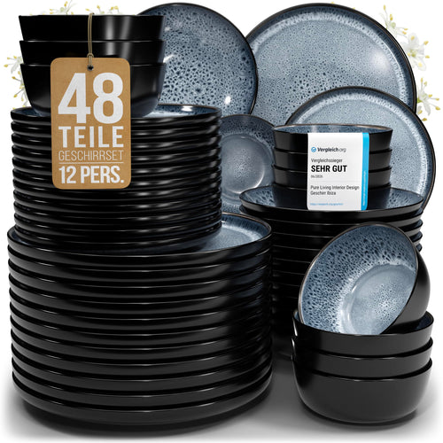 Steingut Geschirrset 48-teilig Graublau für 12 Personen