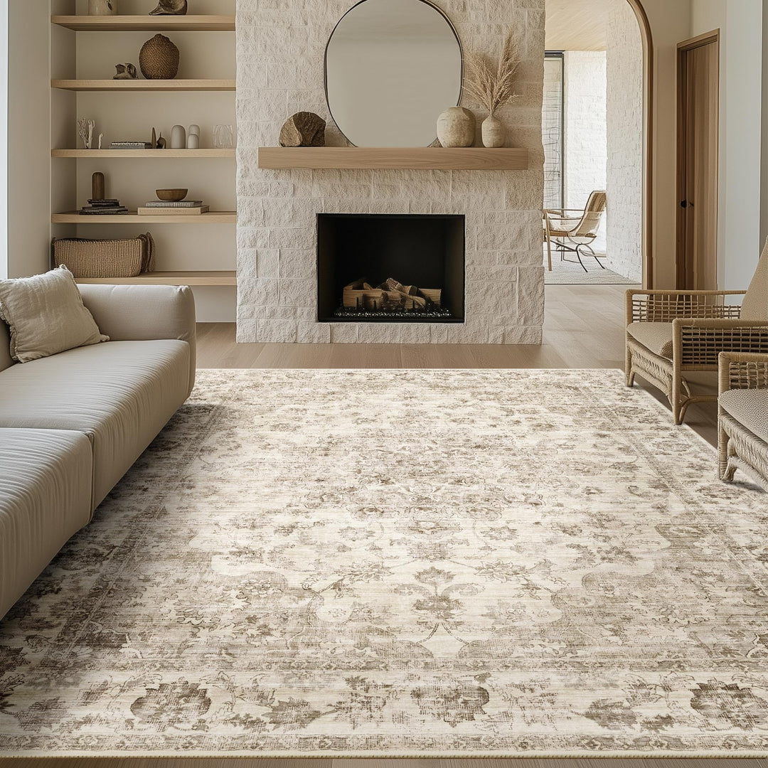 Teppich Vintage 200x300cm Beige Polyester waschbar Wohnzimmer