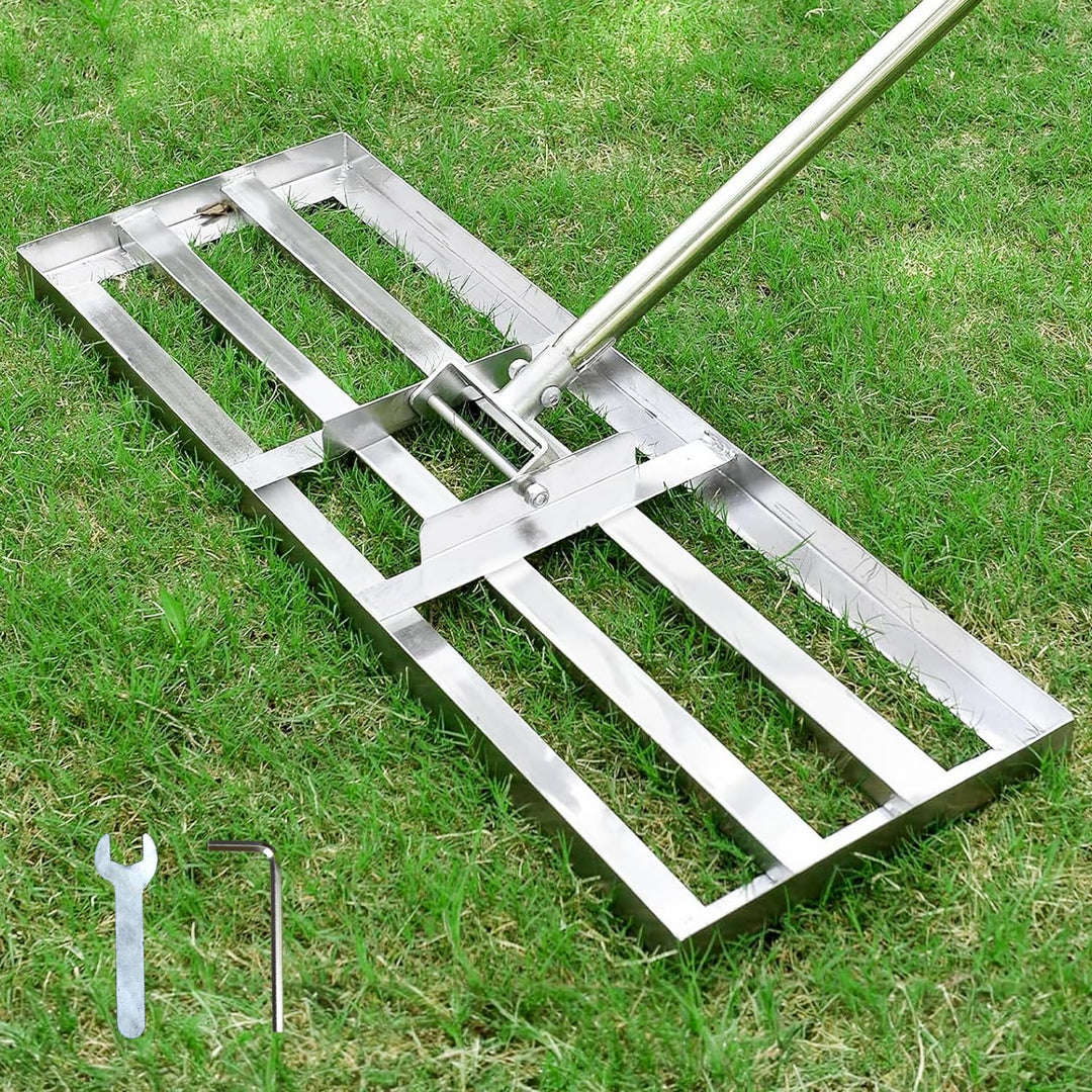 Rasen-Rakel Edelstahl 72x25 cm mit Teleskopstiel für Rasenpflege