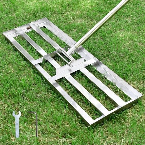 Rasen-Rakel Edelstahl 72x25 cm mit Teleskopstiel für Rasenpflege