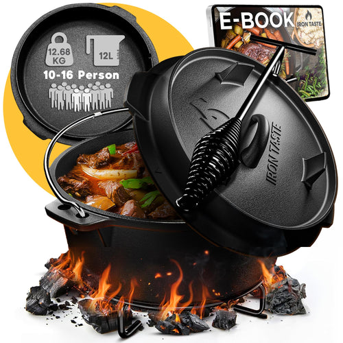Dutch Oven Gusseisen 12 Liter eingebrannt mit Deckelheber & Untersetzer