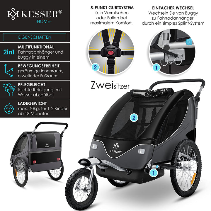 Fahrradanhänger 2-in-1 mit Jogger-Funktion für 1-2 Kinder bis 40 kg - Bild 2