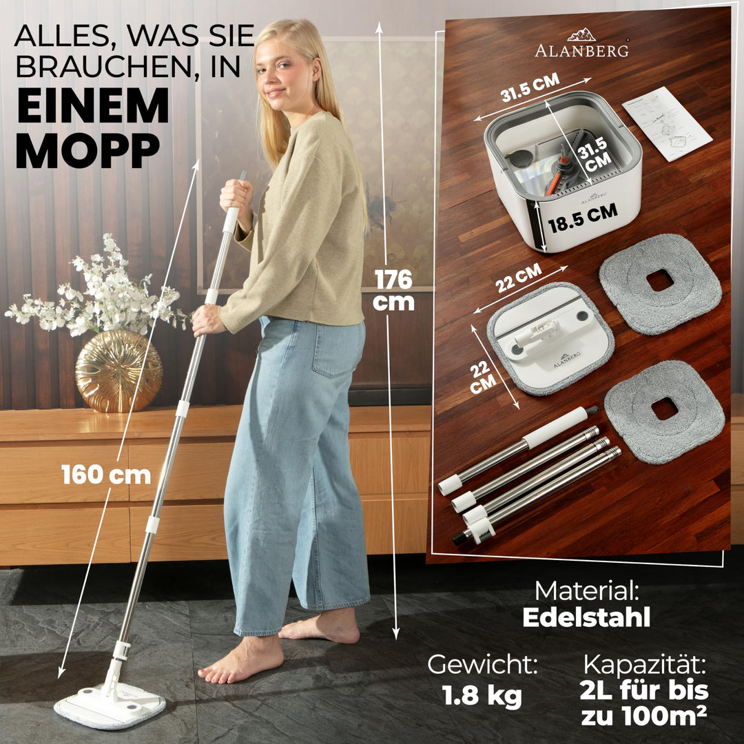 Wischmopp Set mit Eimer 2-Kammer-System Teleskopstiel bis 160 cm - Bild 4