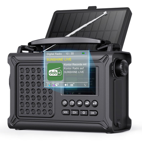 Kurbelradio DAB+/UKW mit Solar, Bluetooth, 12000mAh Akku