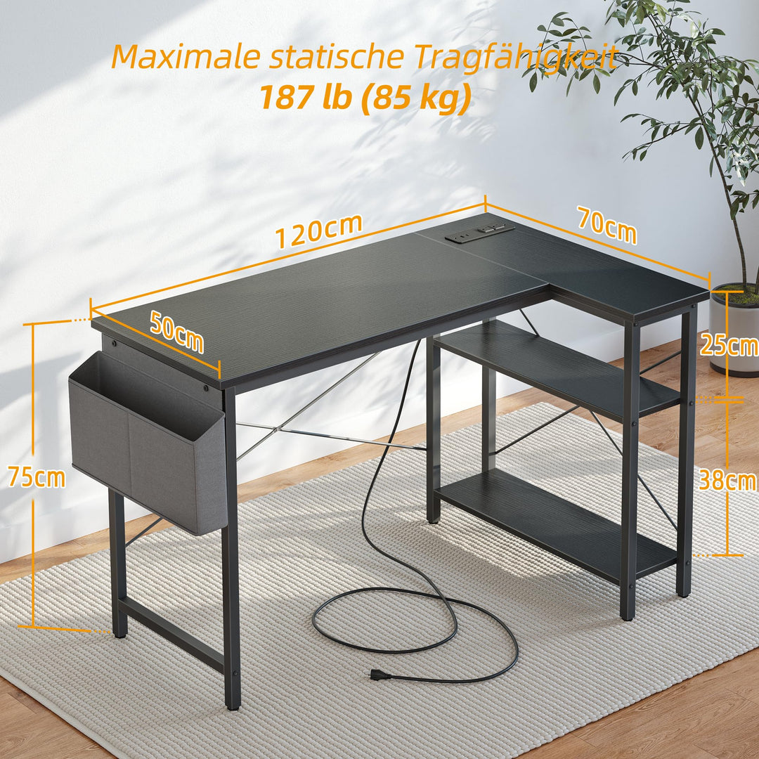 Eckschreibtisch L-Form 120x70 cm mit Steckdosenleiste USB-C schwarz - Bild 3