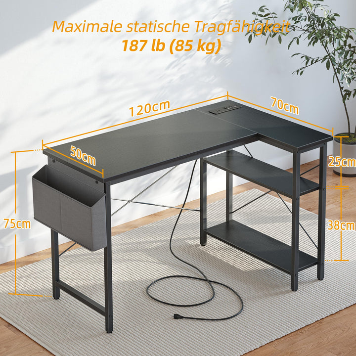 Eckschreibtisch L-Form 120x70 cm mit Steckdosenleiste USB-C schwarz - Bild 3