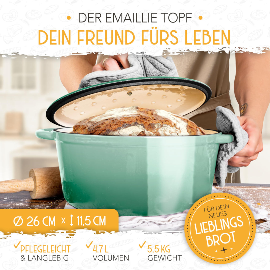 Brotbacktopf Gusseisen emailliert 26 cm mit Gärkorb Rattan - Bild 5