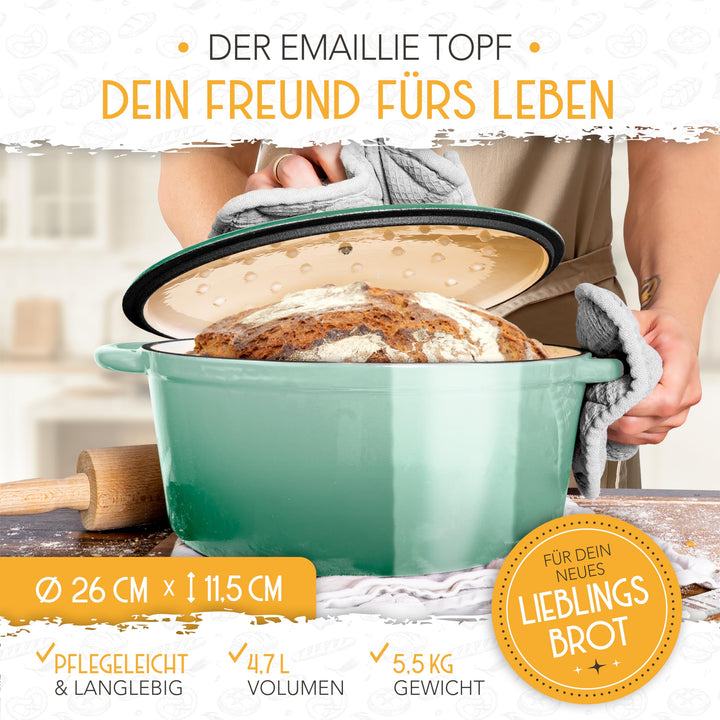 Brotbacktopf Gusseisen emailliert 26 cm mit Gärkorb Rattan - Bild 5