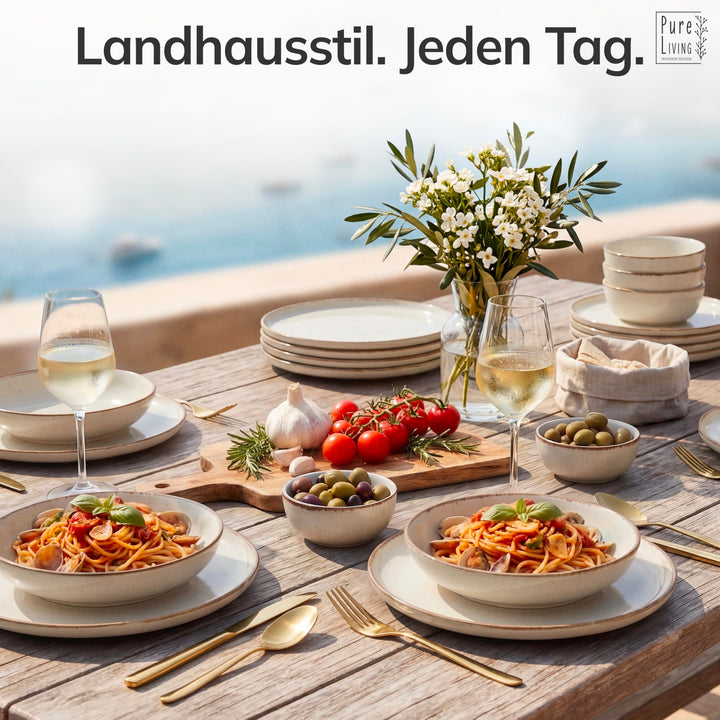 Steingut Geschirrset 48-tlg. für 12 Personen Landhaus-Stil Beige - Bild 2