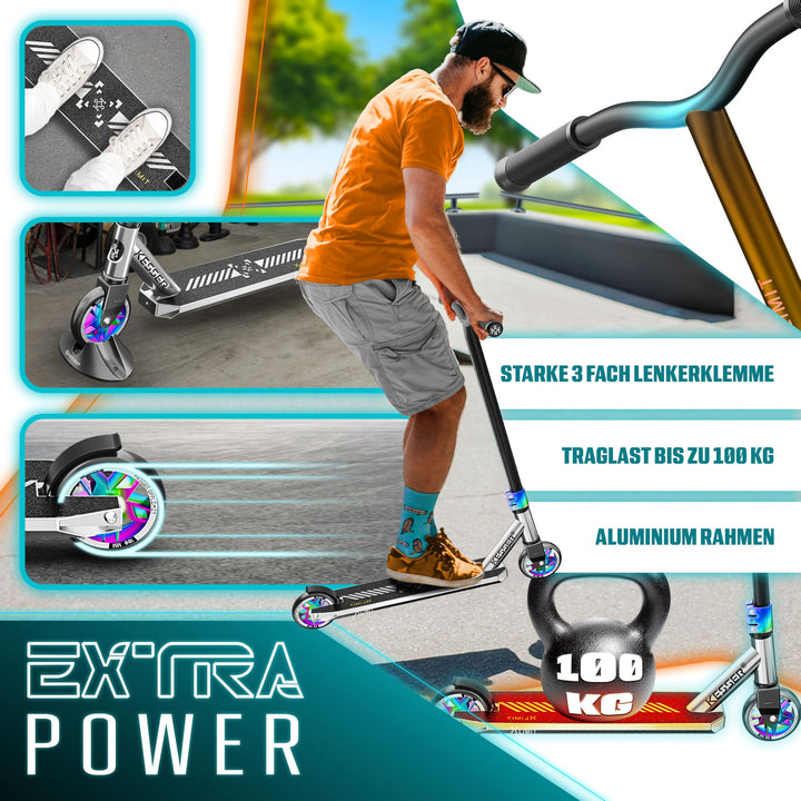 Stunt Scooter 360° Lenkung Aluminium 110mm PU-Räder ABEC-9 mit Ständer - Bild 5