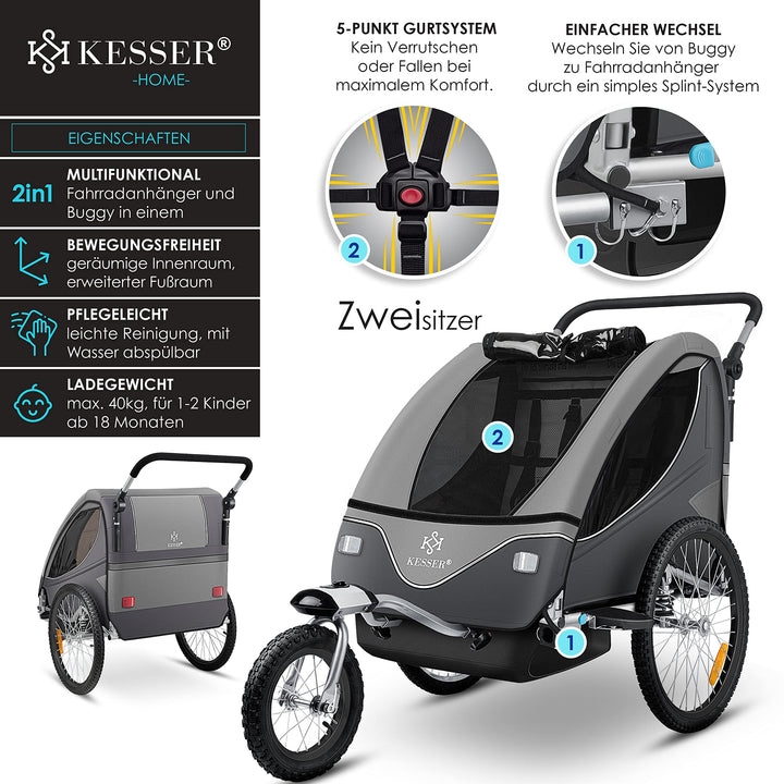 Fahrradanhänger 2-in-1 mit Jogger-Funktion für 1-2 Kinder bis 40 kg - Bild 2