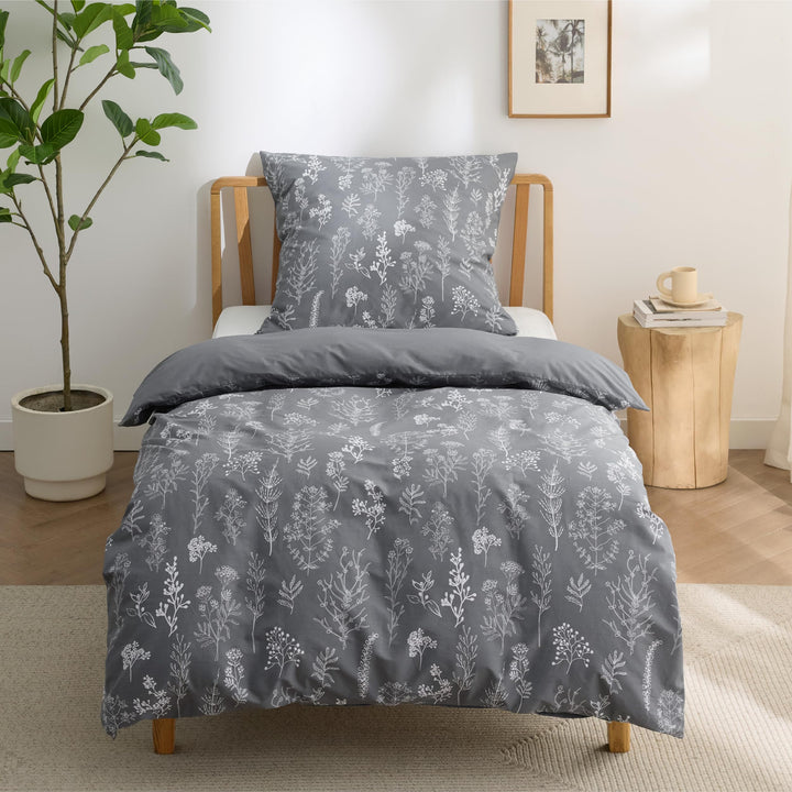 Bettwäsche 135x200 Baumwolle 4-teilig Blumen Grau Wendebar