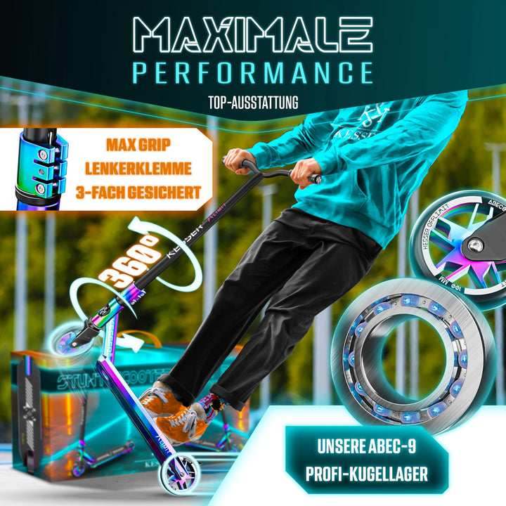 Stunt Scooter 360° Lenkung Aluminium 110mm PU-Räder ABEC 9 mit Ständer - Bild 7
