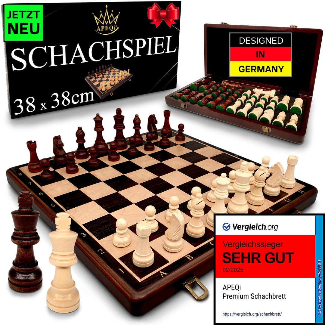 Schachspiel Massivholz 38x38cm mit Metallverschluss &amp; 2 Extra-Damen
